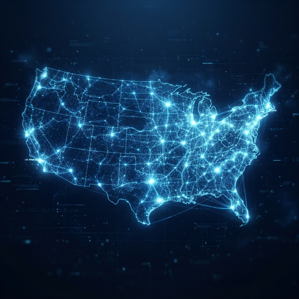 Glowing network map of the United States showing nationwide shipping