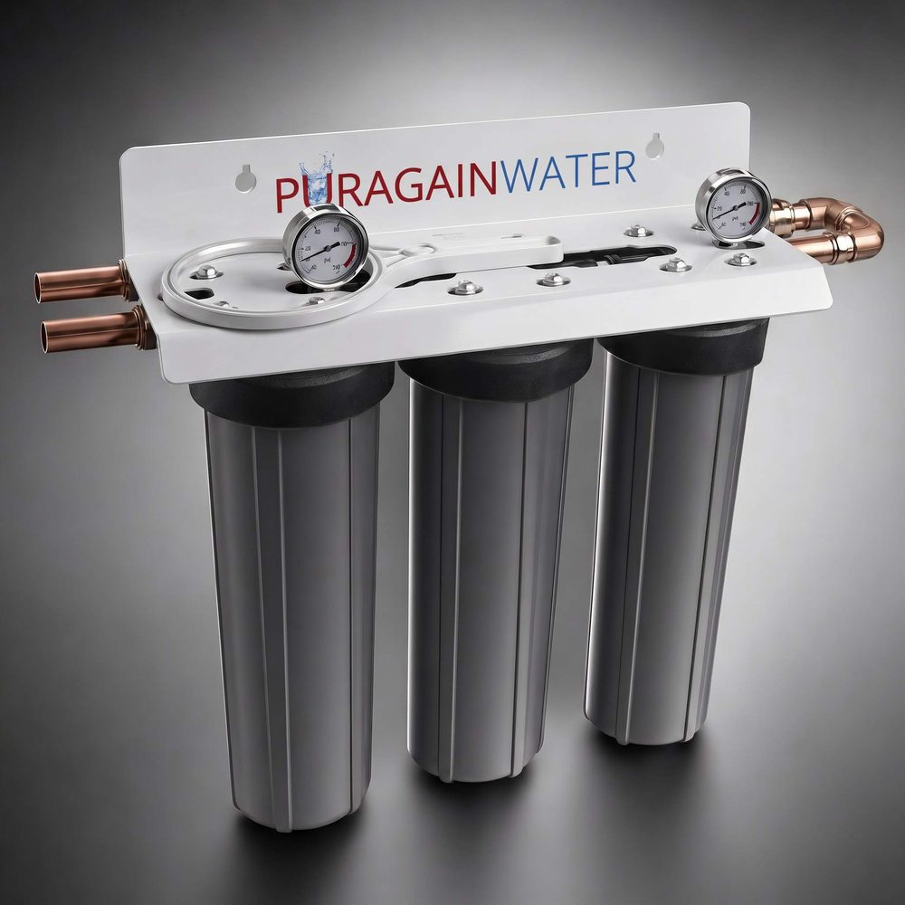 Whole home three-stage water filtration system with pressure gauges